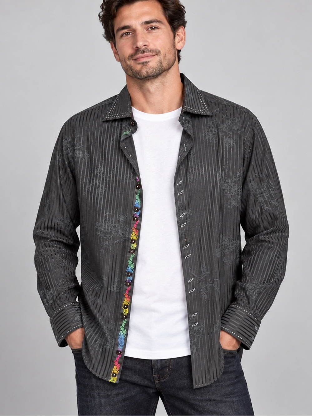 International Laundry Men’s M Black Striped Scroll Print Button-Up Shirt